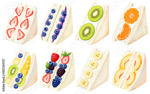 フルーツサンドの種類セット いちご,みかん,キウイ,ブルーベリー,バナナ,桃のサンドイッチイラスト