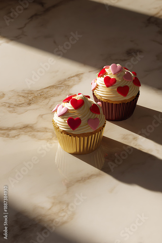 Valentine Cupcakes with Heart Decorations on Marble Surface in Soft Natural Light