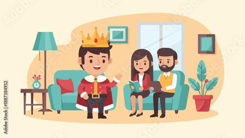 King with crown and cape sits on couch, greeting couple reading and tablet