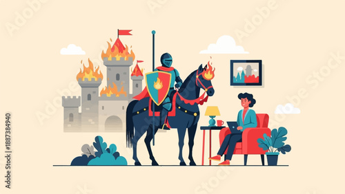 Knight on horse confronts burning castle while person works on laptop