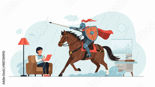 Knight on horseback charging through rain, person reads on sofa