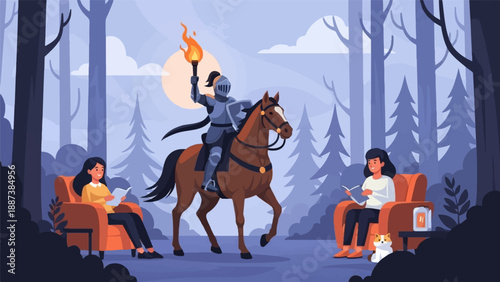 Knight on horseback with torch passes two women reading in chairs