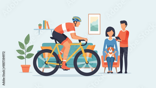 Indoor cycling scene with a family and their dog