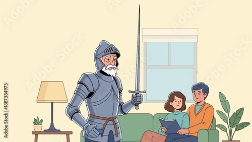 Knightly figure with sword stands over couple reading on couch
