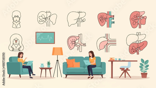 Interior scene with people and anatomical illustrations