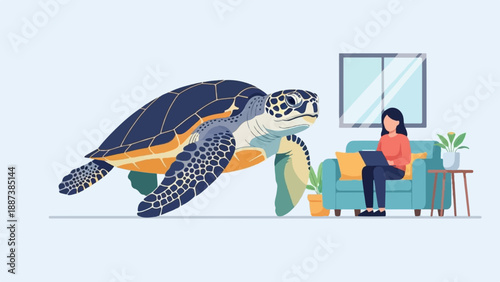 Large sea turtle swims past a woman on a couch using a laptop