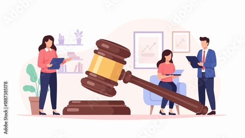 Law professionals discuss case documents near a large gavel in an office