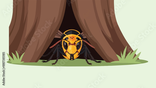 Large yellow and black insect emerges from dark tree hollow