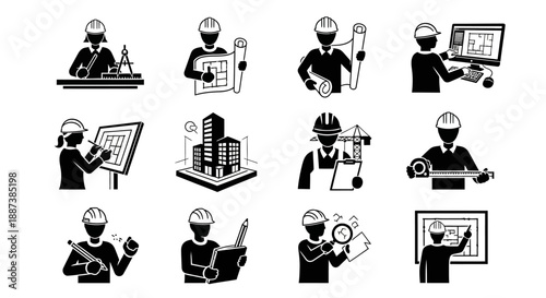 Architect and Engineer Icons Set. Vector Silhouettes of Construction Professionals Drafting Blueprints, Using CAD Software, Planning, and Measuring.