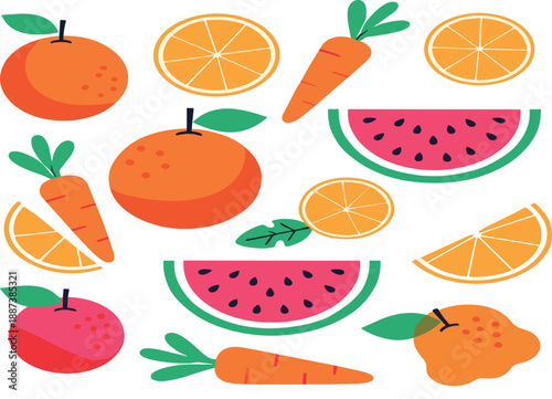 Fresh Fruit and Vegetable Illustration Set with Oranges, Carrots, Watermelon Slices and Colorful Flat Food Elements Vector Art
