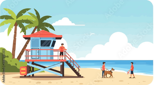 Lifeguard tower overlooks a serene beach scene with people and a dog