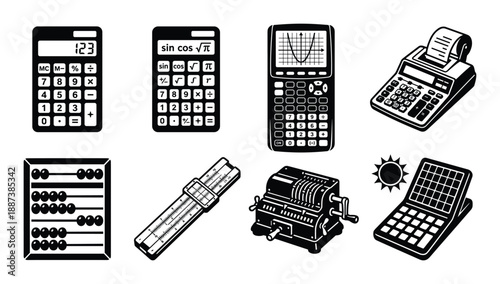 Collection of calculating devices including abacus, slide rule, mechanical and electronic calculators