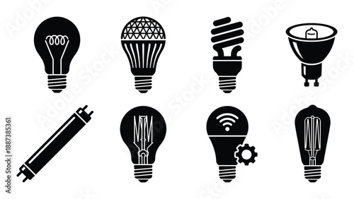 Collection of different light bulb types, LED, fluorescent, incandescent, smart bulbs and lighting technology