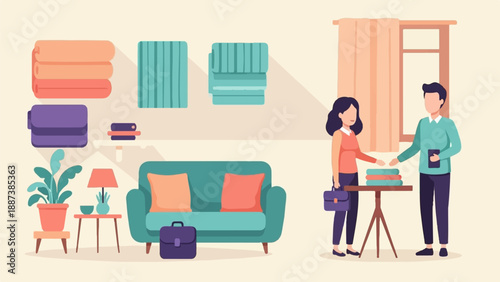 Interior scene with two people interacting, couch, plant, and folded textiles