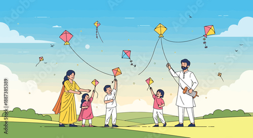 Family enjoys outdoor activity flying kites in a park on a sunny day with a blue sky and white clouds overhead celebrating a traditional festival