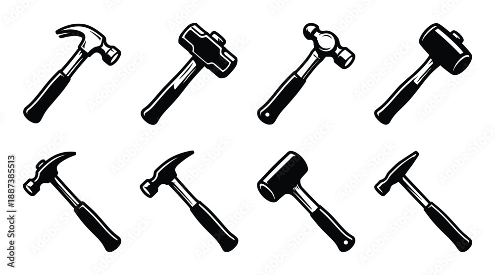 Naklejka premium Collection of hammer illustrations. Different types of hammers in black and white design vector graphics