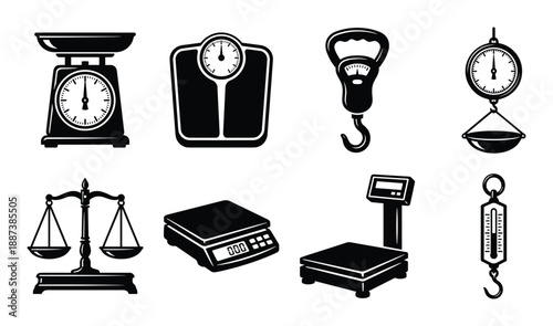 Collection of different types of scales, including balance, digital, hanging, and bathroom scales