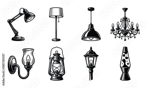 Collection of diverse lighting fixtures: Desk lamp, floor lamp, pendant, chandelier, sconce, lantern, streetlamp, lava lamp