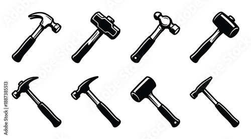 Collection of hammer illustrations. Different types of hammers in black and white design vector graphics