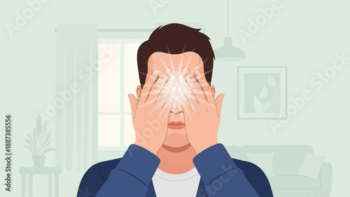 Man covering eyes from bright light, interior scene with furniture