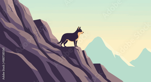 Lone canine stands atop rocky cliff facing serene mountain panorama