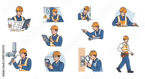 Technical Staff and Contractor Job Roles Vector Set. Engineer Reading Plans, Plumber Repairing Pipe, Electrician Inspecting Panel Illustrations.