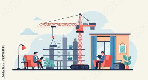 Modern home office with remote work concept, construction backdrop