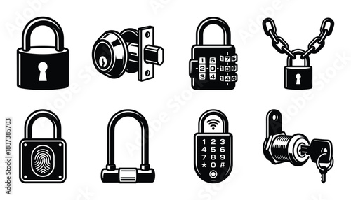 Collection of security locks vector illustration set in black and white outline, padlocks, doorknob, chain lock, and more