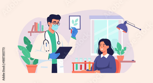 Medical checkup doctor and patient in a lab with test tubes and plants