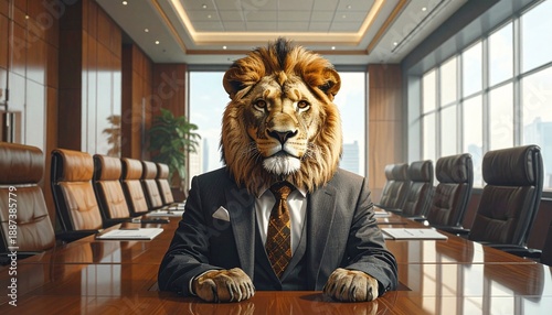 Lion in a business suit sitting.