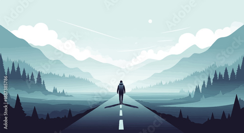 Lone traveler walks down an empty road towards misty mountains