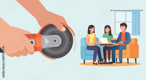 Hands operate angle grinder near people collaborating on laptop