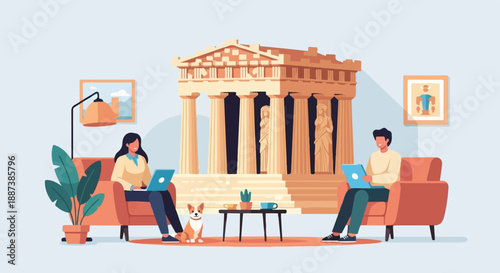 Modern living room with ancient Greek temple backdrop and remote workers