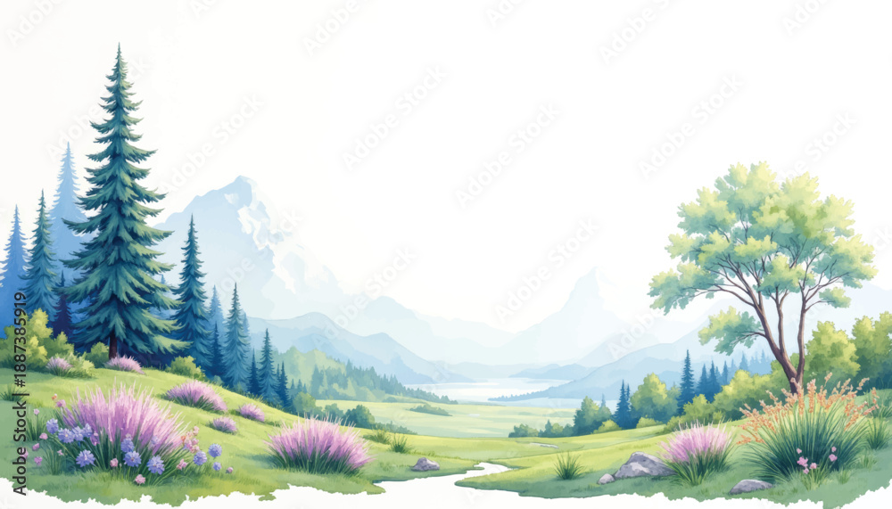Fototapeta premium A serene watercolor landscape painting of a lush green valley with rolling hills, a winding stream, and distant misty mountains under a bright sky.