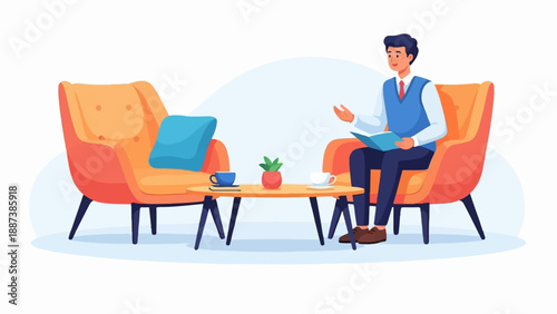 Man in armchair reading book, with coffee and plant