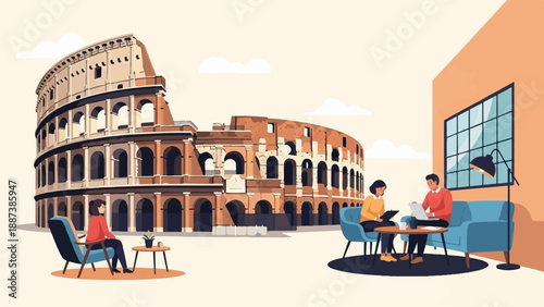 Modern meeting with historic monument in background