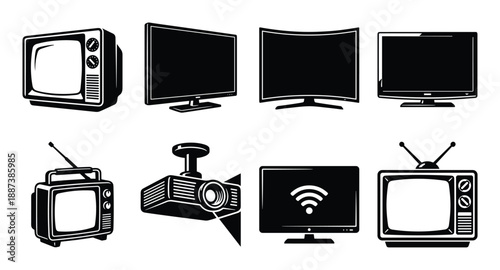 Collection of television sets and projector vector illustration in monochrome style