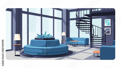 Modern minimalist interior with spiral staircase, blue seating, and large windows