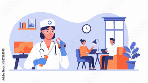 Medical professional in lab coat with equipment, two people working at desks