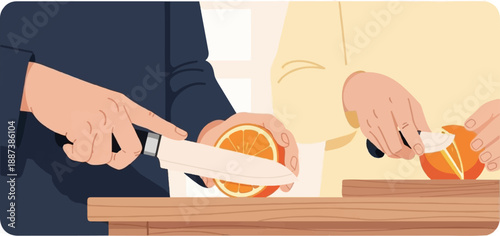 Hands slicing citrus fruits on a wooden counter