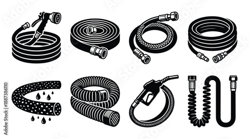 Collection of various types of hoses, including garden, fire, fuel, and corrugated hoses, vector illustration