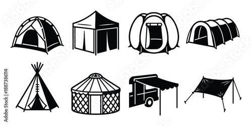 Collection of various tent illustrations and camping shelter types in vector format