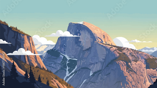 Majestic mountain peak bathed in warm sunlight, with clouds and trees