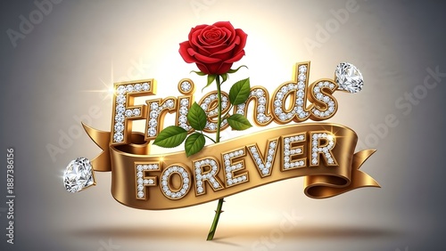 Exquisite golden text proclaiming friends forever adorned with sparkling diamonds and a vibrant red rose sits centrally, symbolizing eternal bonds.