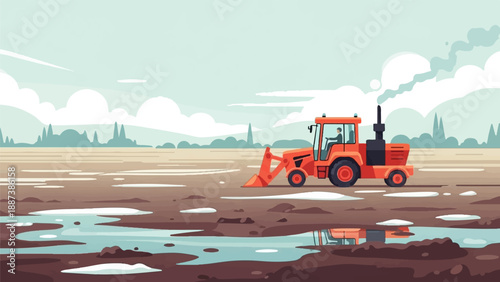 Orange tractor works on muddy terrain with reflections in puddles under clouds