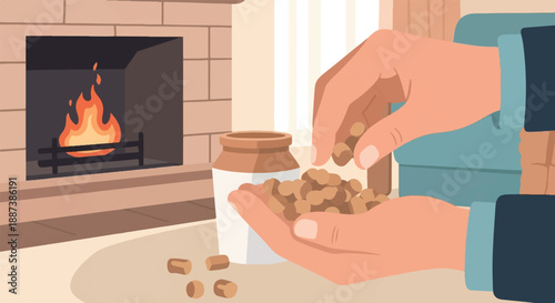 Hands sorting small objects near a fireplace and jar