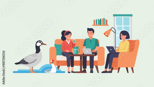 People and ducks indoors, a living room scene with a sofa and chairs