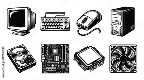 Computer hardware components illustration, monitor, keyboard, mouse, CPU, motherboard, HDD, fan and computer case