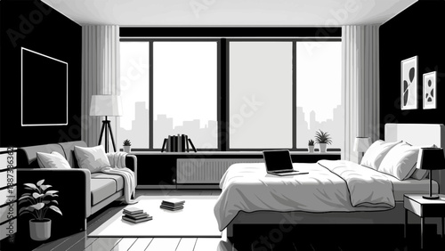 Modern pixel art bedroom with city view, laptop on bed, sofa
