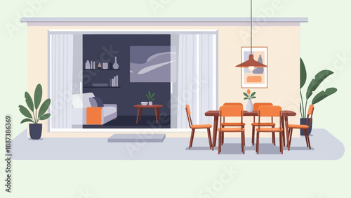 Modern pixel art living area opens to a dining patio with plants